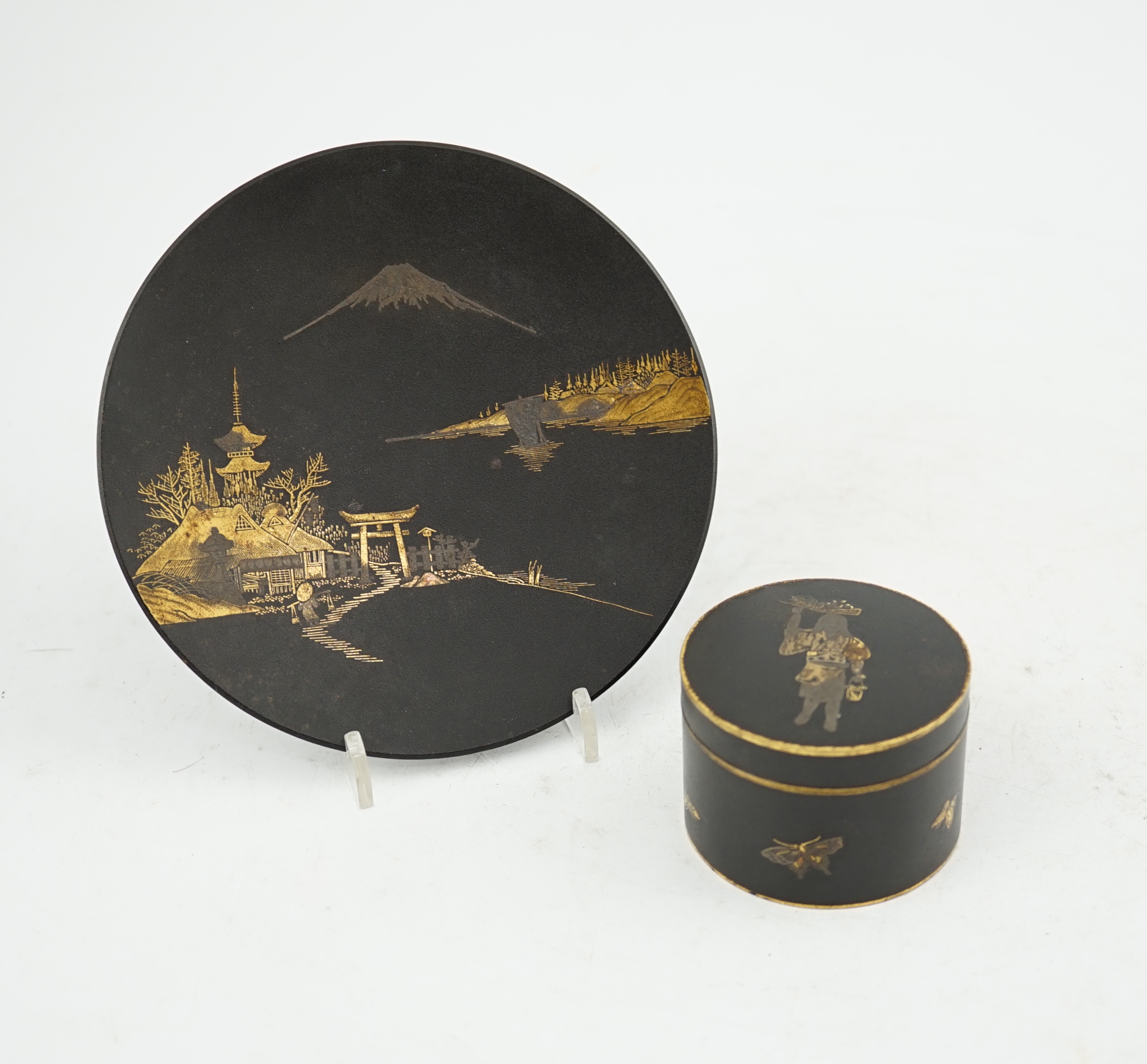 A Japanese damascened iron dish by Ohayo Shoten and a similar small circular box, by Komai Otojiro, early 20th century